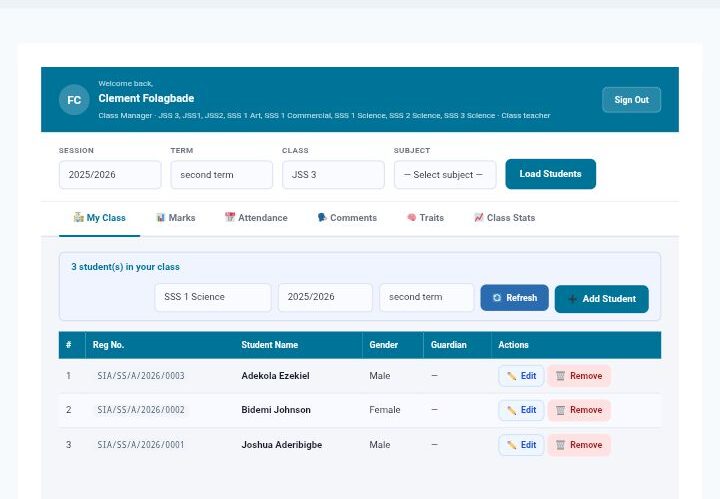 Teacher score entry – entering student marks per subject with auto-grade calculation